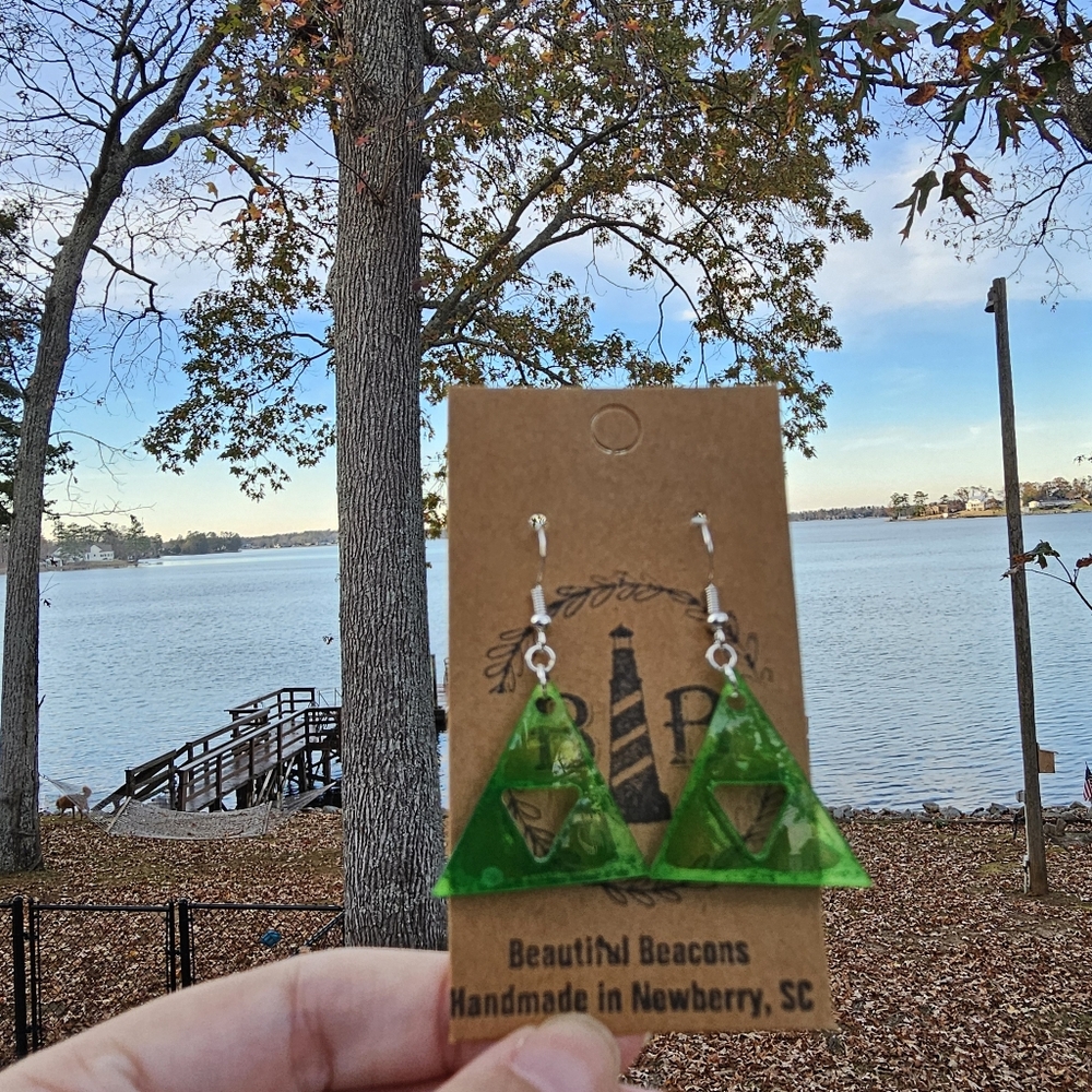 Handmade Resin Green Triforce Beautiful Beacons 925 Silver Earrings